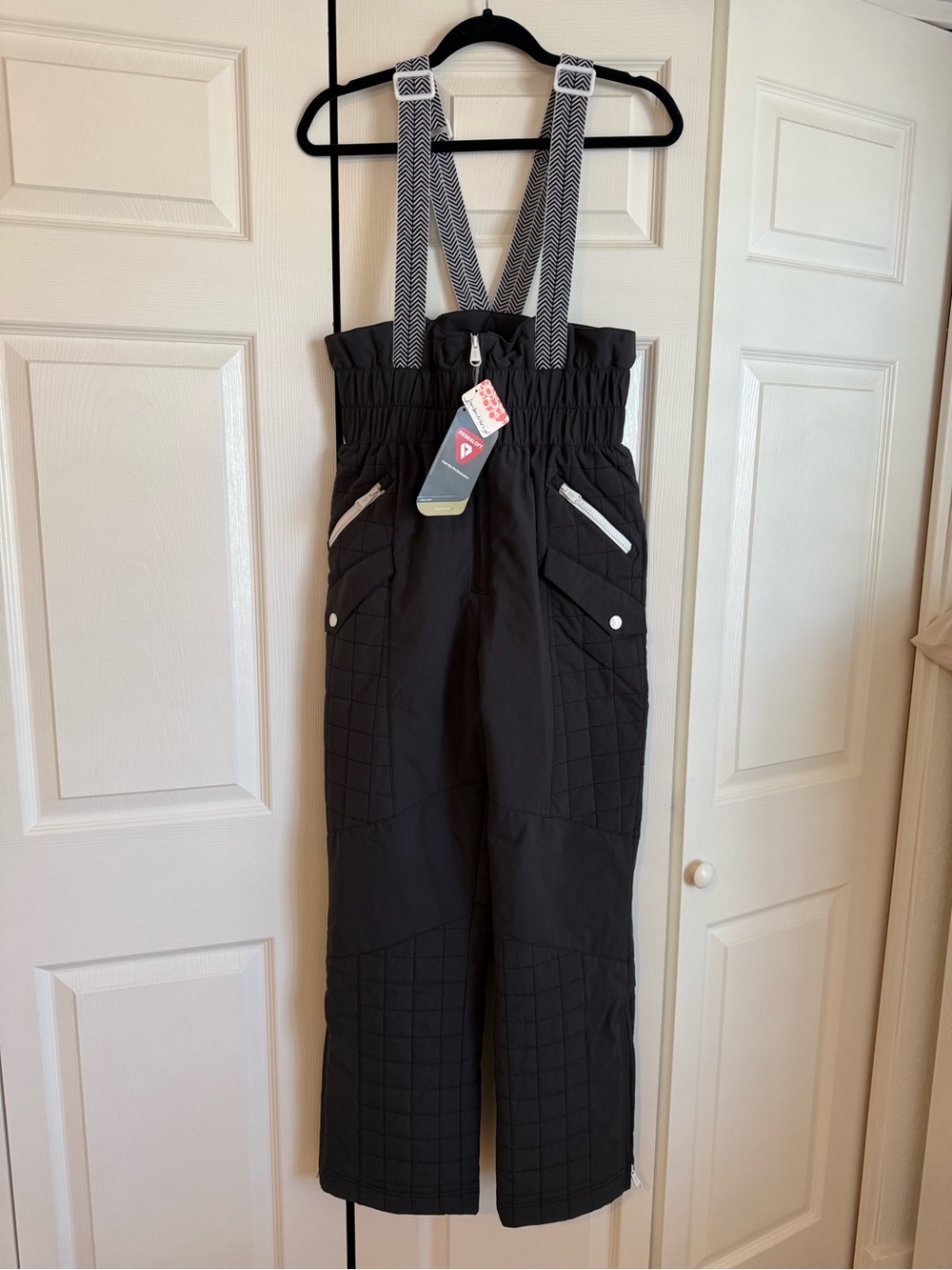 Free People Black Quilted Ski Bib Jumpsuit with Patterned Straps